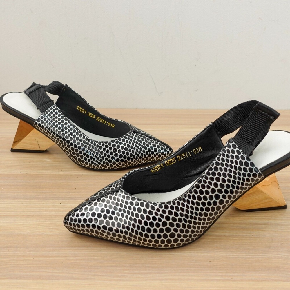 Retro Geo Heel Polka Slingback Shoes Womens 225 5.5 Black Unique Vogue JADY ROSE